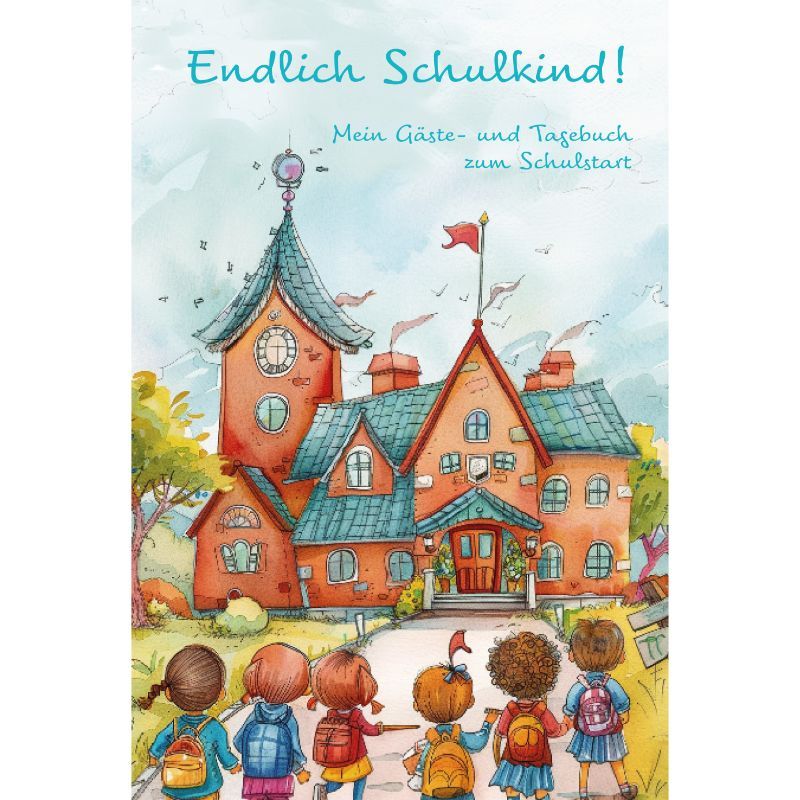 Kinderbuch Zeichnung viele Kinder vor einer Schule