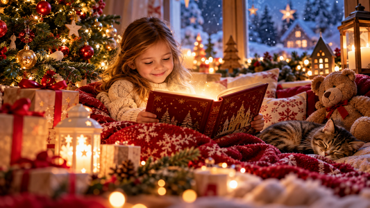 Mädchen liest an Weihnachten ein Märchenbuch vor dem geschmückten Weihnachtsbaum, umgeben von Geschenken, Kerzen, einem Teddybären und einer schlafenden Katze, während draußen Schnee fällt. KI generiert