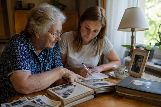 Großmutter und Enkelin sitzen gemeinsam am Tisch, betrachten alte Familienfotos und Fotoalben und halten Erinnerungen schriftlich fest – als Inspiration, Geschichten über die eigene Oma zu schreiben. KI generiert