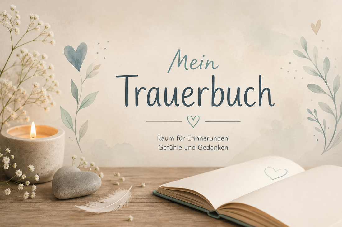 Auf einem hellen Holztisch stehen eine brennende Kerze und ein herzförmiger Stein. Daneben liegt ein geöffnetes Notizbuch mit leeren Seiten. KI generiert