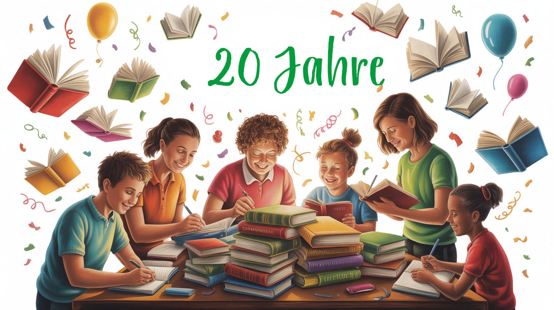 Illustration mit Personen vor Bücherstapel, KI generiert