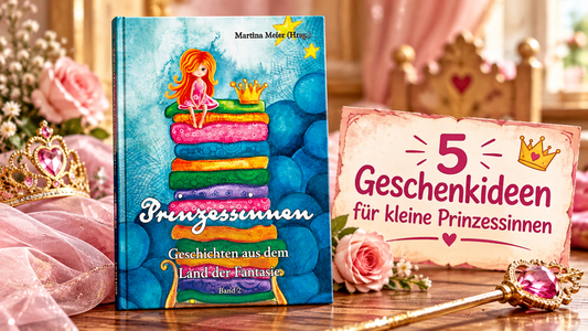 5 zauberhafte Geschenkideen für kleine Prinzessinnen zu Weihnachten mit Märchenbuch „Prinzessinnen – Geschichten aus dem Land der Fantasie“, Prinzessinnenschloss, Kleid, Einhorn und Spielzeug in festlicher Weihnachtskulisse. KI generiert
