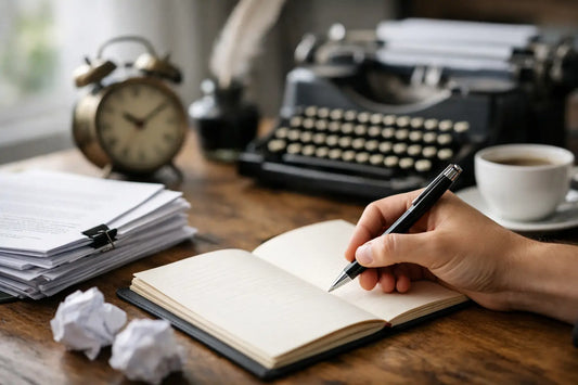 Hand schreibt handschriftliche Notizen in ein Tagebuch auf einem Schreibtisch