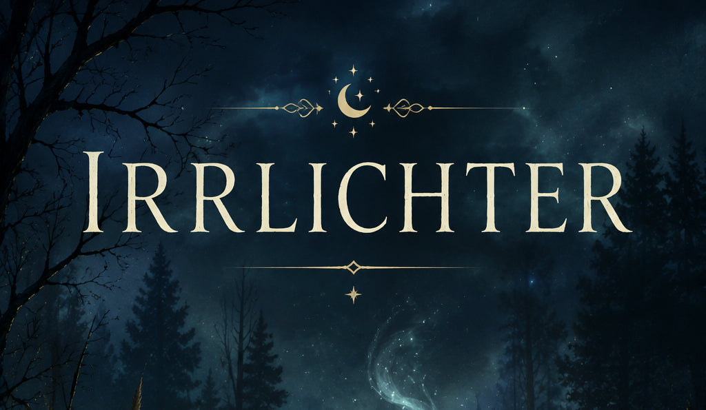 Werbebanner zum Cover des Buches "Irrlichter - Land der Fantasie" mit einem Irrlicht im Moor, ki generiert