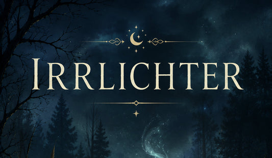 Werbebanner zum Cover des Buches "Irrlichter - Land der Fantasie" mit einem Irrlicht im Moor, ki generiert