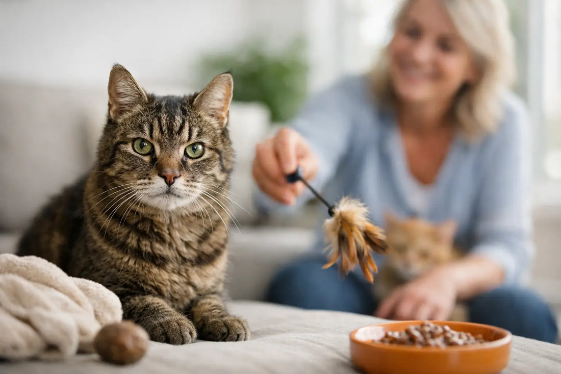 Frau spielt mit älterer Katze, die vor Futternapf sitzt, KI generiert