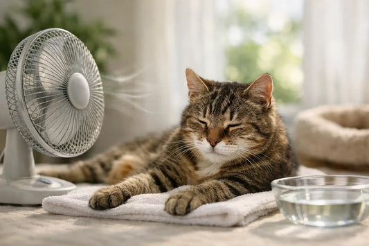 Alte Katze liegt entspannt auf kühlen Fliesen im Sommer, KI-generiert