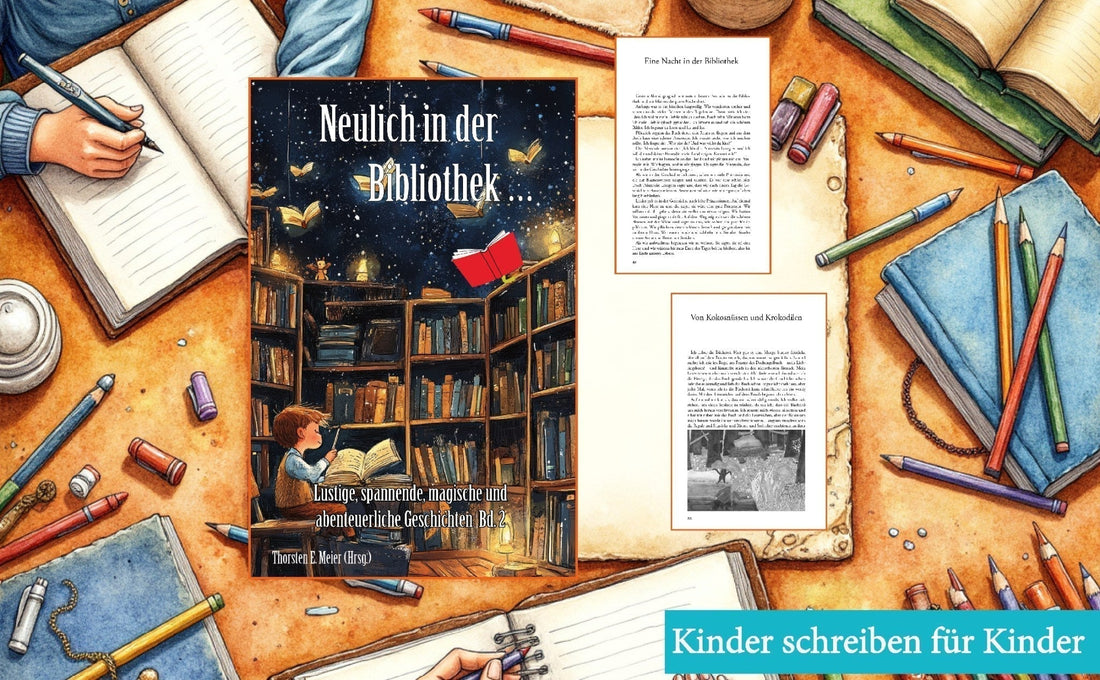 Buchcover und Auszüge aus dem Buch "Neulich in der Bibliothek", Papierfresserchens MTM-Verlag