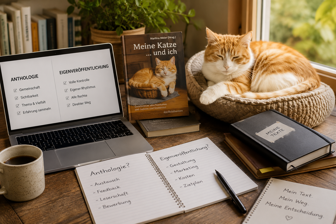Schreibtisch mit Notizbuch, Laptop und Büchern zum Thema Schreiben. KI generiert