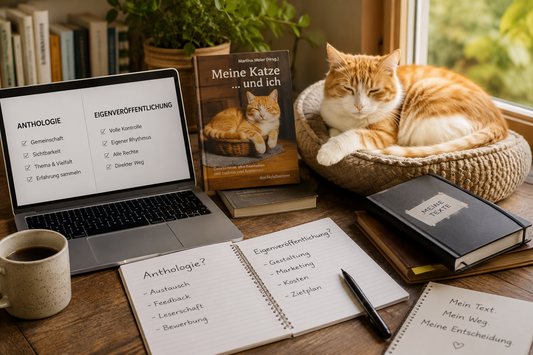 Schreibtisch mit Notizbuch, Laptop und Büchern zum Thema Schreiben. KI generiert