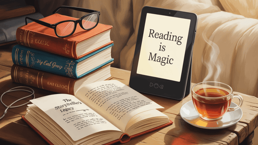E-Book-Reader und aufgeschlagenes Printbuch nebeneinander – KI-generierte Illustration zum Vergleich digitaler und gedruckter Bücher
