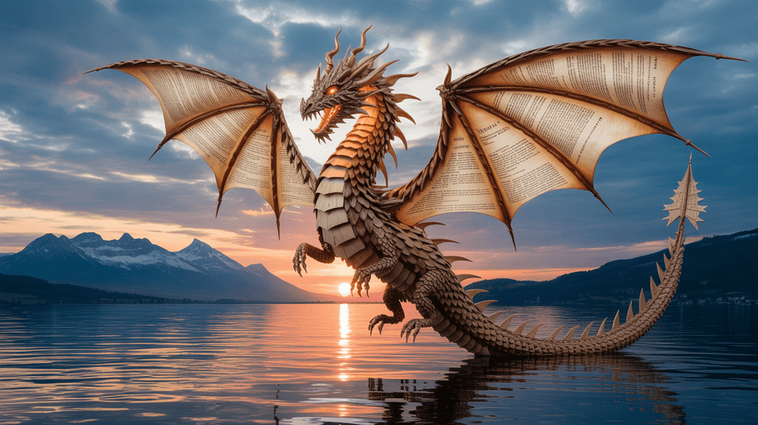 Papierdrache mit buchseitenartigen Flügeln schwebt über einem ruhigen See bei Sonnenuntergang – Symbol für den neuen Standort von Papierfresserchens MTM-Verlag in Feldkirch