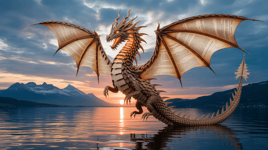 Papierdrache mit buchseitenartigen Flügeln schwebt über einem ruhigen See bei Sonnenuntergang – Symbol für den neuen Standort von Papierfresserchens MTM-Verlag in Feldkirch