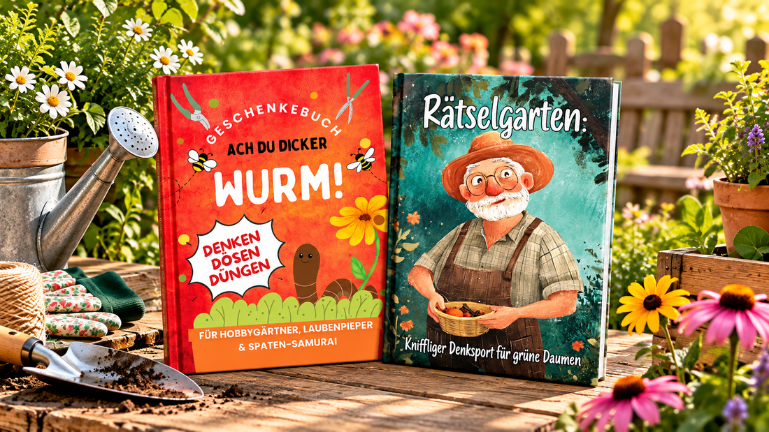 Zwei Gartenbücher für Hobbygärtner – „Ach du dicker Wurm!“ und „Rätselgarten“ – auf einem Gartentisch mit Blumen, Pflanzen und Gartengeräten. ki generiert