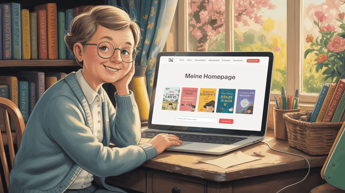 Ein lächelnder Schriftsteller sitzt an einem Laptop und präsentiert seine Webseite, umgeben von Bücherregalen und einer blühenden Fensterbank. KI generiert
