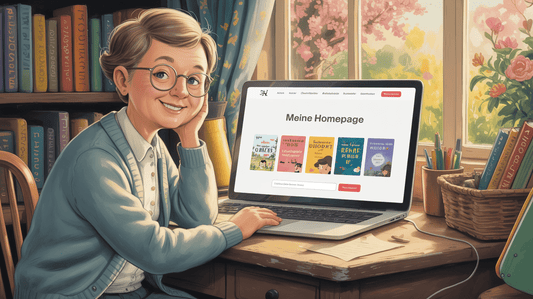 Ein lächelnder Schriftsteller sitzt an einem Laptop und präsentiert seine Webseite, umgeben von Bücherregalen und einer blühenden Fensterbank. KI generiert