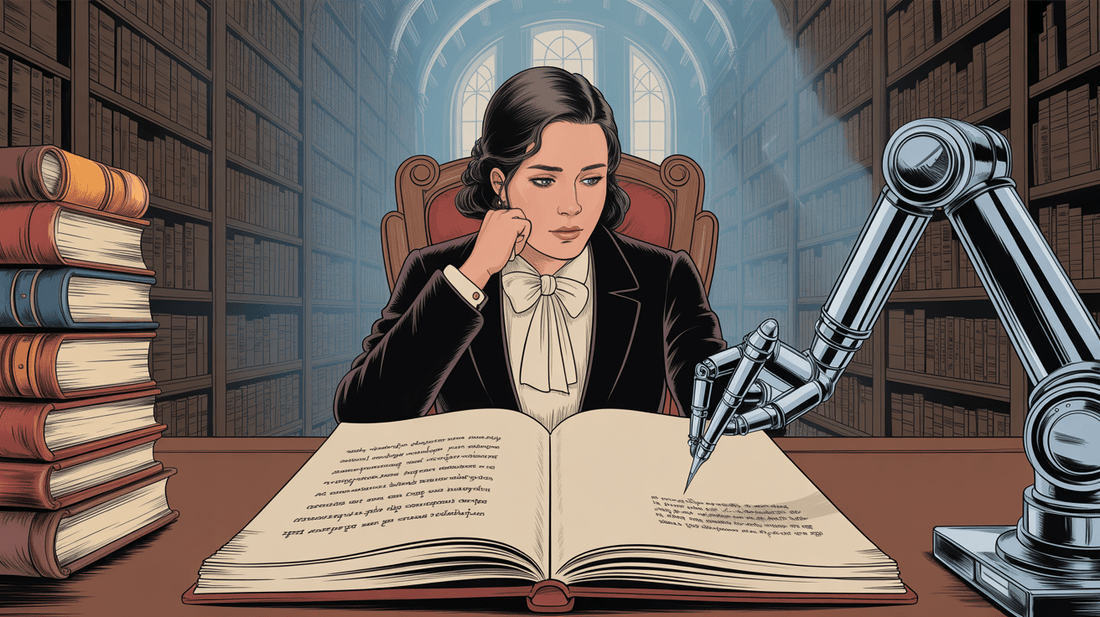 Person liest nachdenklich ein Buch, während ein Roboterarm daneben schreibt – KI-generierte Illustration zum Thema Künstliche Intelligenz in der Literatur. Bild ki generiert