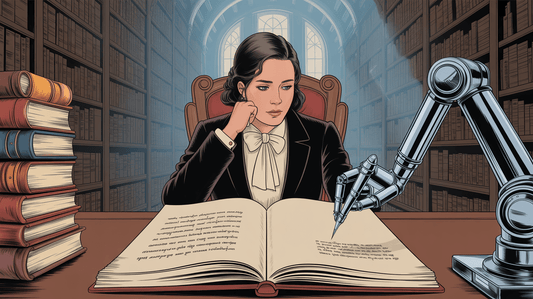 Person liest nachdenklich ein Buch, während ein Roboterarm daneben schreibt – KI-generierte Illustration zum Thema Künstliche Intelligenz in der Literatur. Bild ki generiert