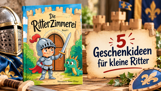 5 abenteuerliche Geschenkideen für kleine Ritter zu Weihnachten mit dem Kinderbuch „Die Ritterzimmerei“, Ritterburgen, Ritterspielzeug, Helm, Schwert, Schild und Drachen. KI generiert