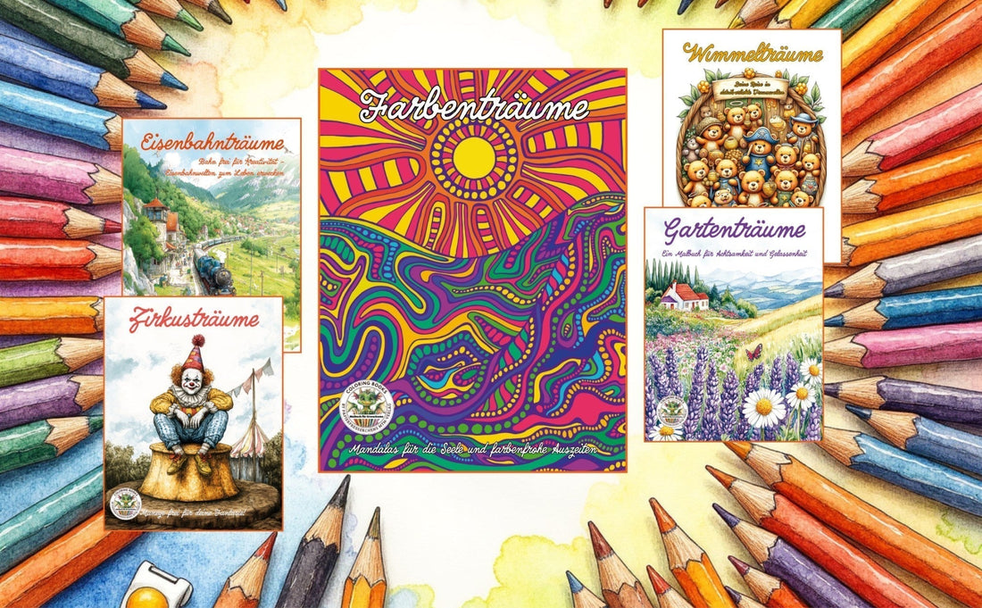 Buchcover-Werbebild der Buchreihe "Malbücher für Erwachsene", Papierfresserchens MTM-Verlag