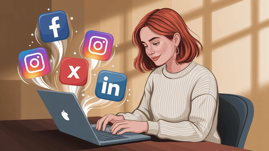 Frau am PC mit Social Media Icon, Illustration KI generiert
