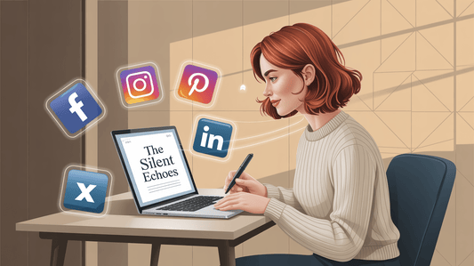 Frau am PC mit Social Media Icons, Illustration KI generiert