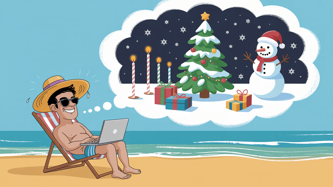 Mann am Strand, im Kopf Weihnachtsgedanken, Illustration KI generiert