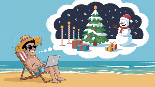 Mann am Strand, im Kopf Weihnachtsgedanken, Illustration KI generiert