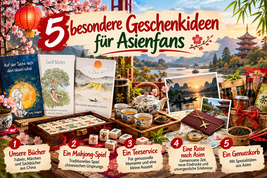 5 besondere Geschenkideen für Asienfans mit Büchern aus China, Mahjong-Spiel, chinesischem Teeservice, Asienreise und asiatischem Genusskorb. ki generiert