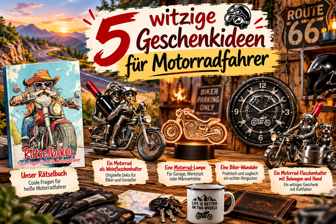 5 witzige Geschenkideen für Motorradfahrer mit dem Rätselbuch „Rätselbiker“, Motorrad-Flaschenhaltern, Motorrad-Lampe und Biker-Wanduhr. ki generiert