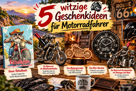 5 witzige Geschenkideen für Motorradfahrer mit dem Rätselbuch „Rätselbiker“, Motorrad-Flaschenhaltern, Motorrad-Lampe und Biker-Wanduhr. ki generiert