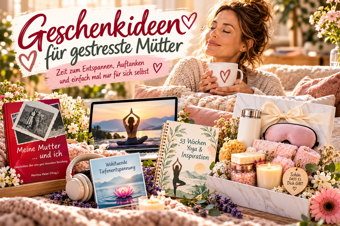 Geschenkideen für gestresste Mütter mit Kurzgeschichtenbuch „Meine Mutter … und ich“, Hypnose zur Tiefenentspannung, Yoga-Programm, Wellness-Set und exklusiver persönlicher Auszeit. ki generiert