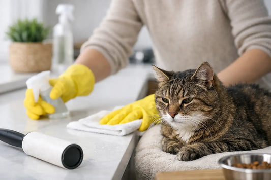 Katze und Frau mit Putzsachen, KI generiert