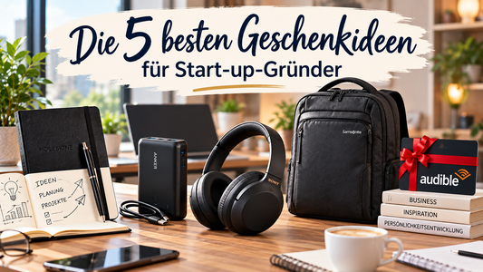 Fünf Geschenkideen für Start-up-Gründer mit Notizbuch, Powerbank, Noise-Cancelling-Kopfhörern, Laptop-Rucksack und Hörbüchern auf einem modernen Schreibtisch. ki generiert