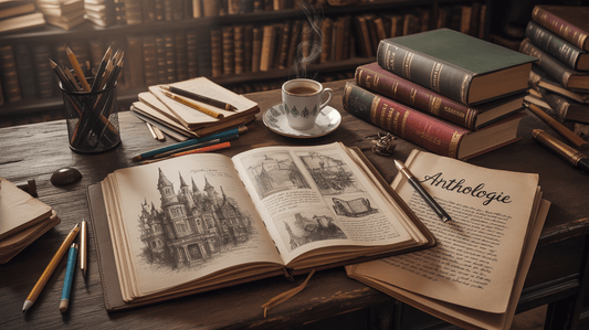 alte Bücher auf Schreibtisch, ki generiert