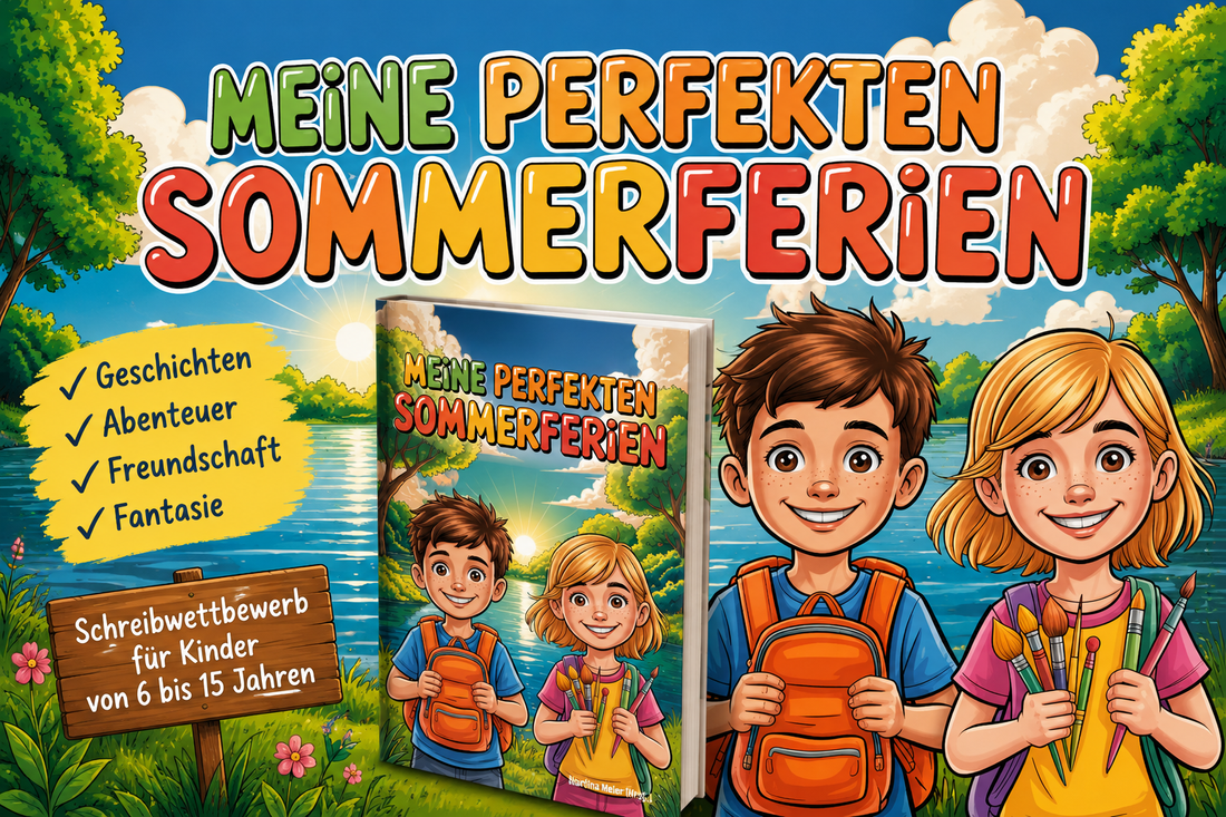 Werbebild zum Kinder-Schreibwettbewerb „Meine perfekten Sommerferien“, KI generiert