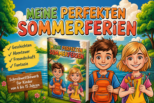 Werbebild zum Kinder-Schreibwettbewerb „Meine perfekten Sommerferien“, KI generiert