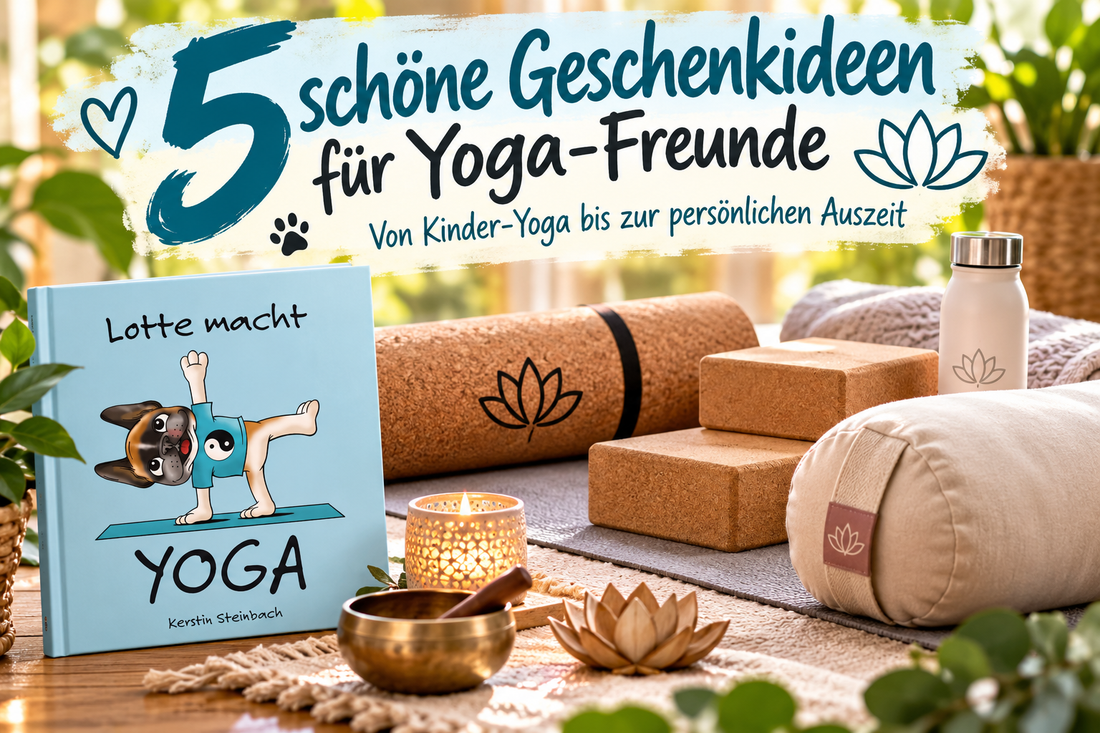 5 schöne Geschenkideen für Yoga-Freunde mit dem Kinderbuch „Lotte macht Yoga“, Yogamatte, Yogablöcken, Bolster und Zubehör für Entspannung und Achtsamkeit. ki generiert