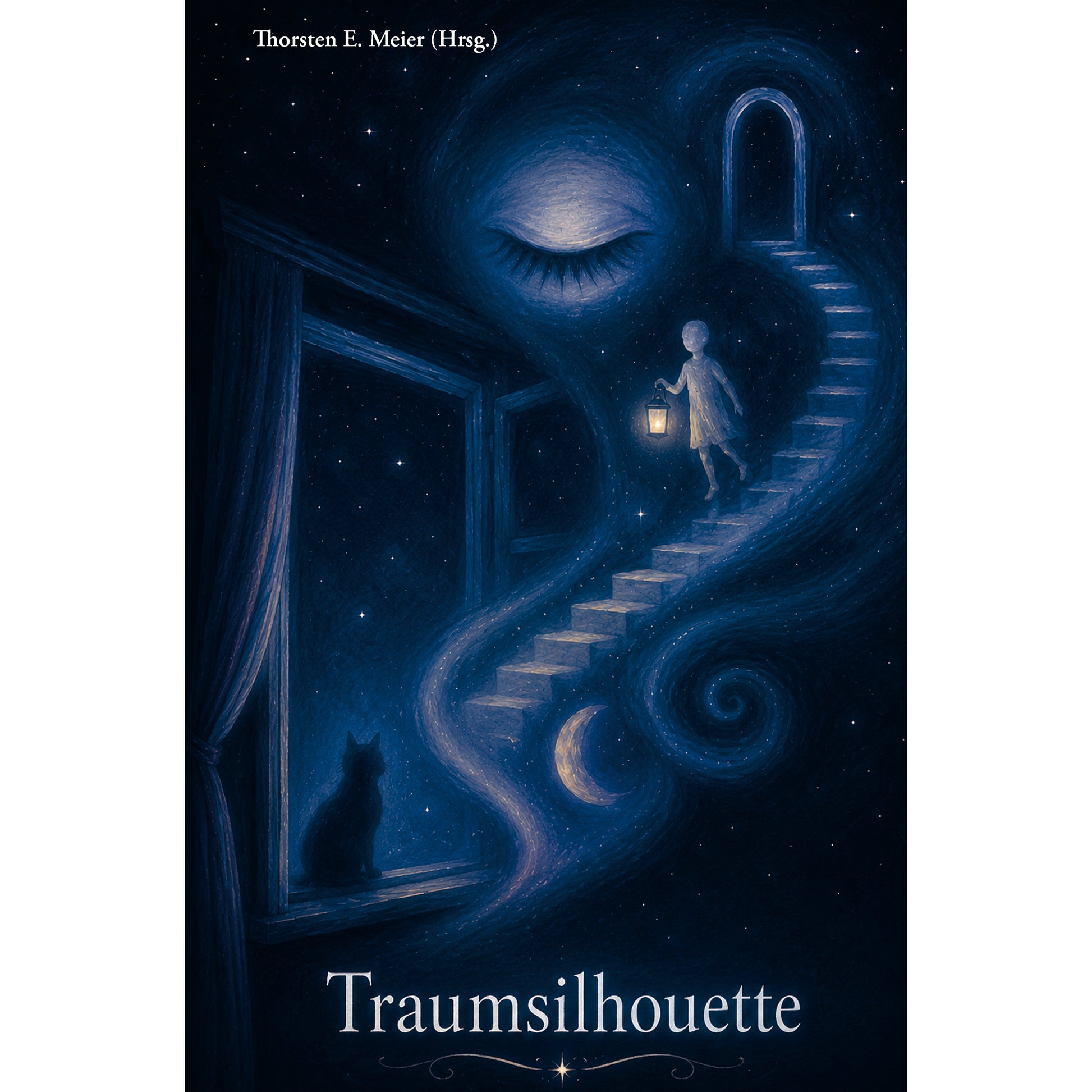 Eine Treppe, eine Katze, ein Gespenst, alles dunkelblau, Cover zu "Traumsilhouette", KI generiert