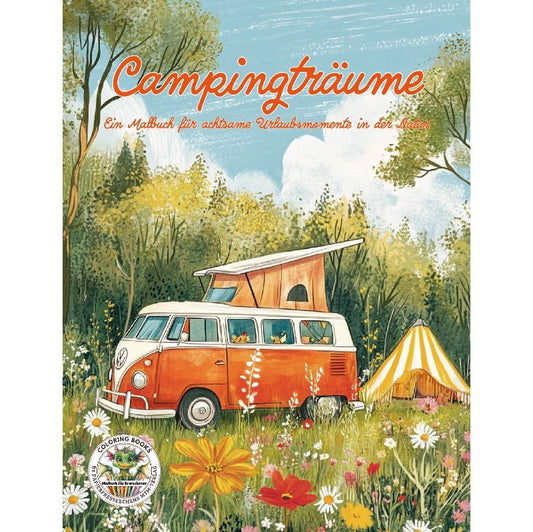 Cover des Malbuchs „Campingträume - Malbuch Erwachsene & Camper“ – Papierfresserchens MTM-Verlag