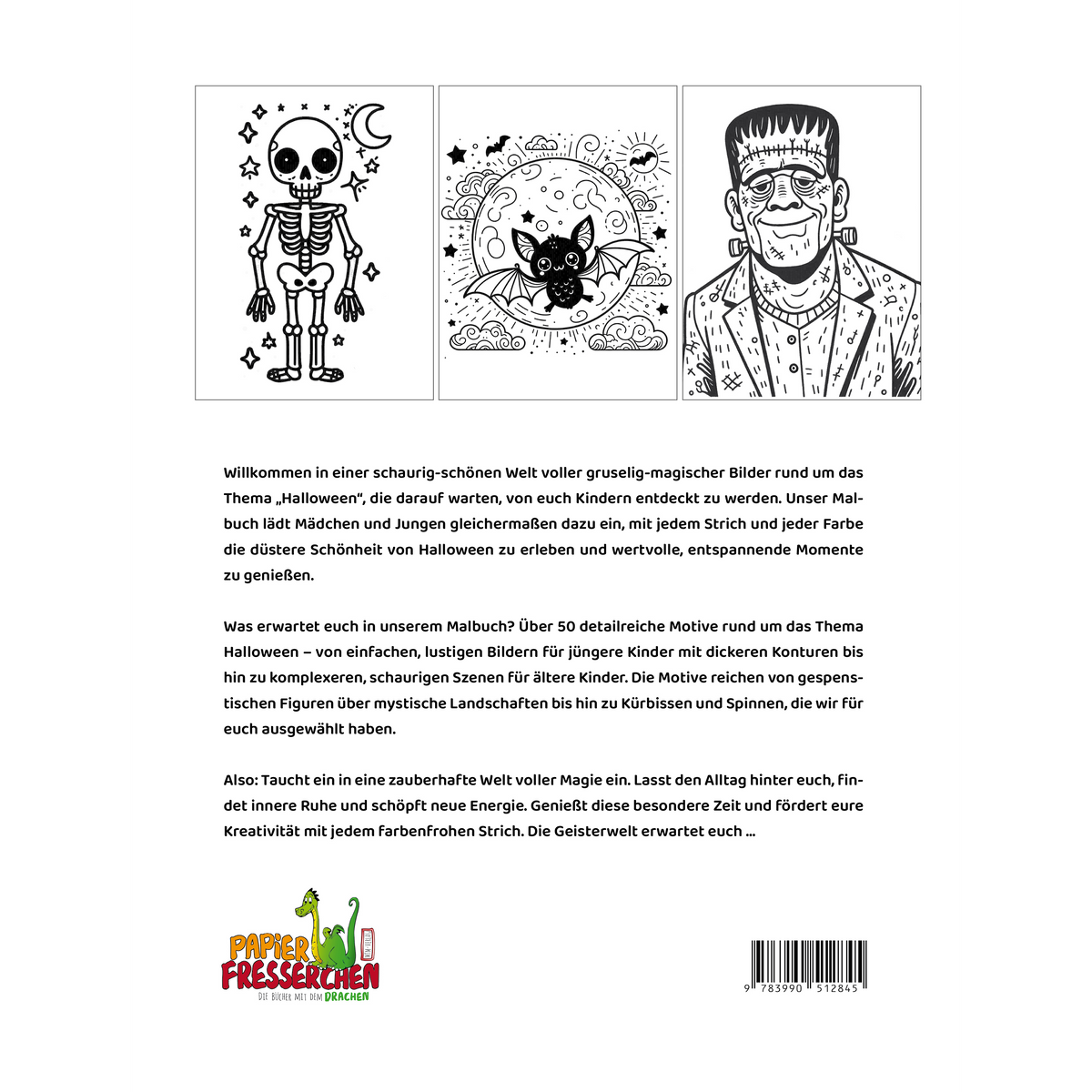 Wo die wilden Geister wohnen – Halloween-Malbuch für Kinder – Buchrückseite - Papierfresserchens MTM-Verlag