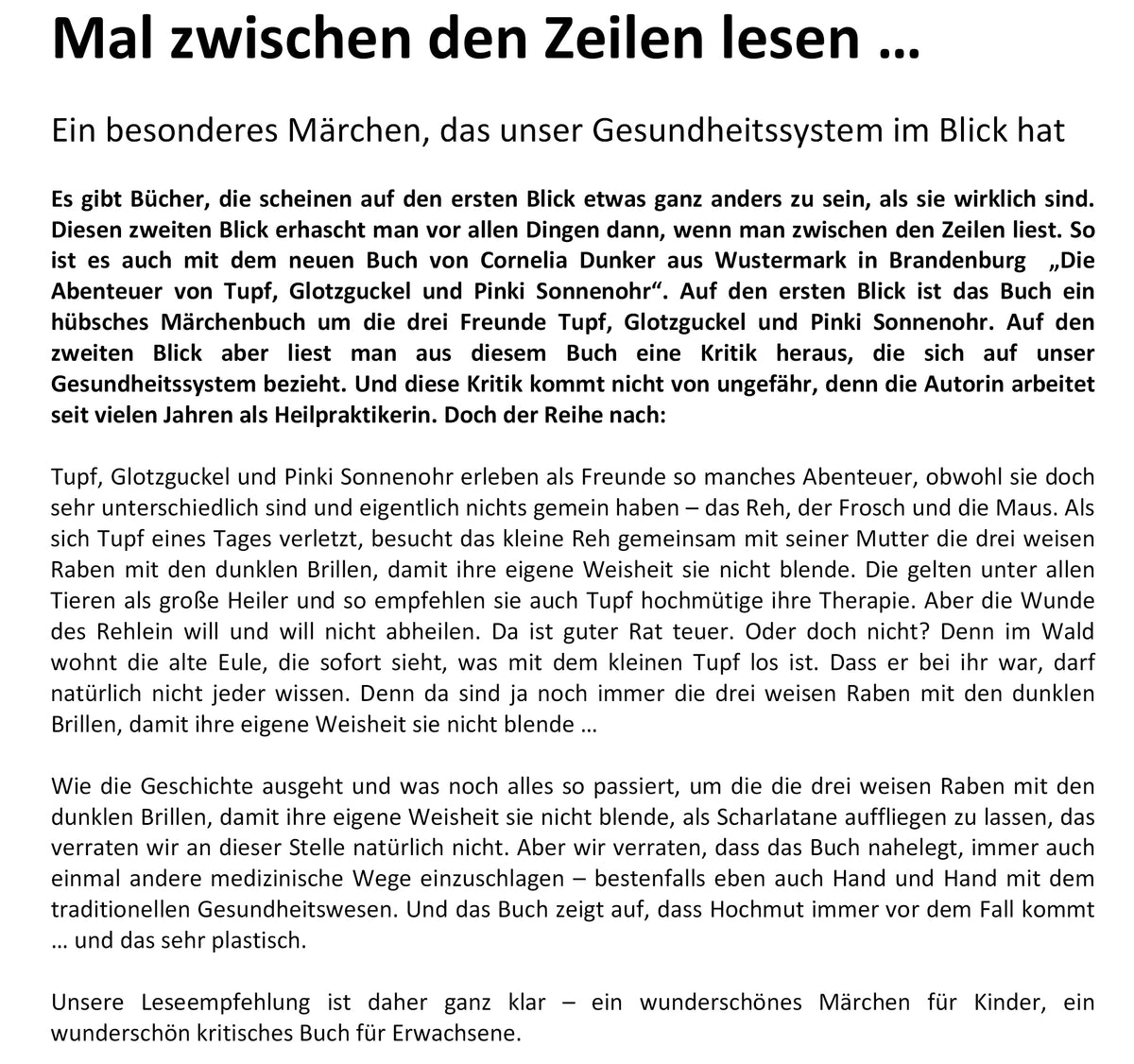 Die Abenteuer von Tupf, Glotzguckel und Pinki Sonnenohr – Presseinformation - Papierfresserchens MTM-Verlag