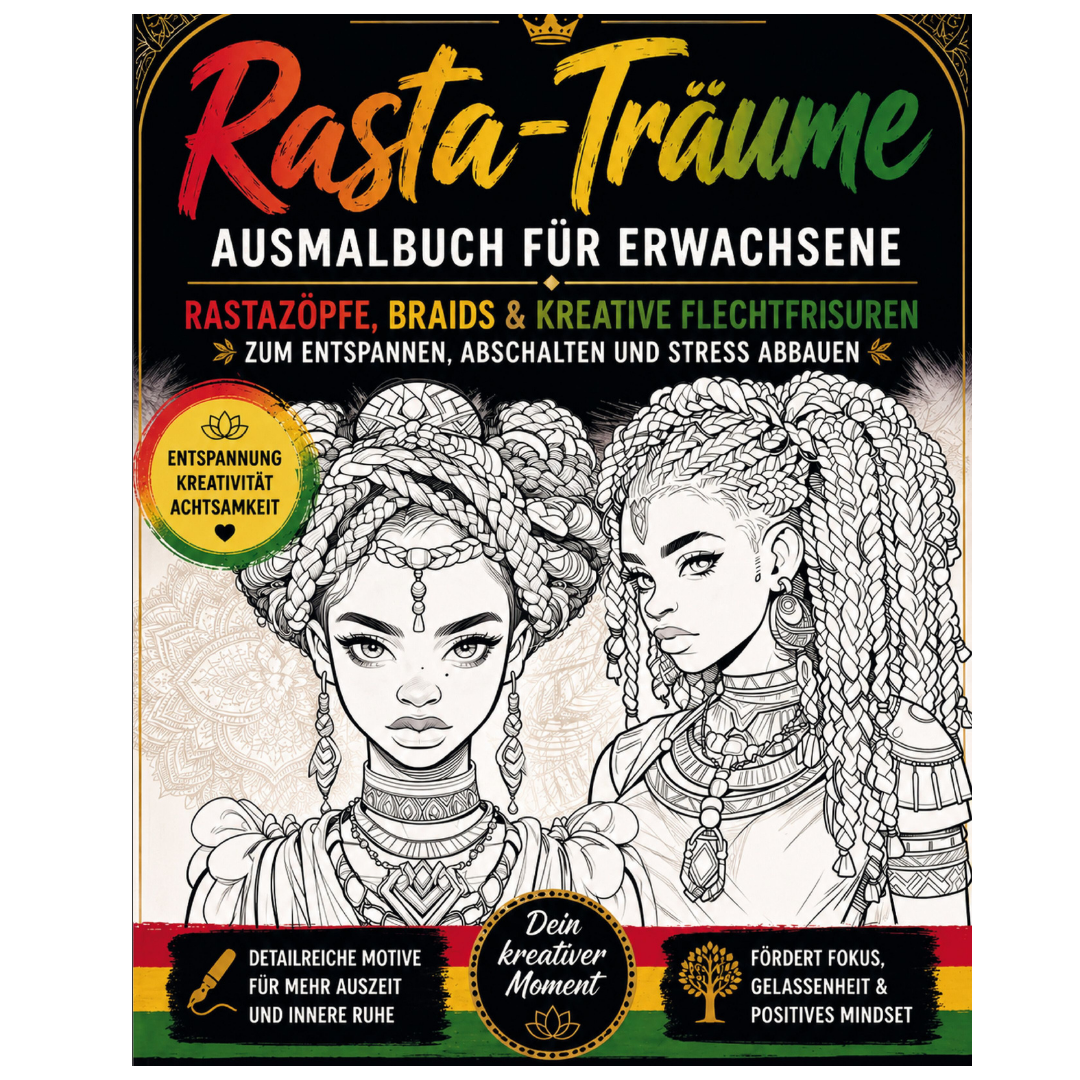 Cover Rasta-Träume Malbuch für Erwachsene PDF: Rastazöpfe, Braids & kreative Flechtfrisuren - Papierfresserchens MTM-Verlag