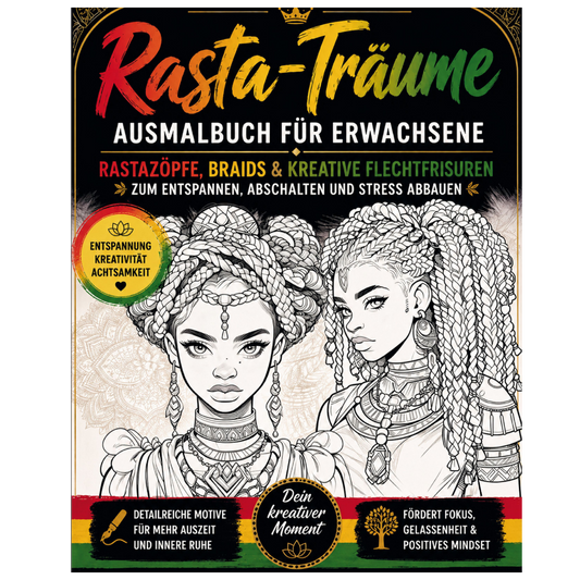 Cover Rasta-Träume Malbuch für Erwachsene PDF: Rastazöpfe, Braids & kreative Flechtfrisuren - Papierfresserchens MTM-Verlag